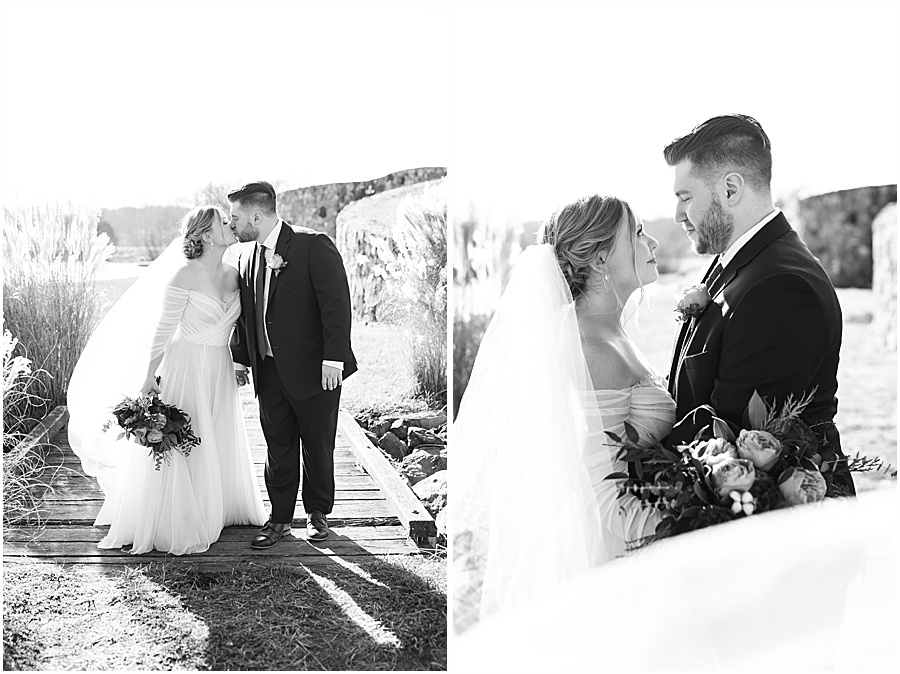 black and white portrait of bride and groom 