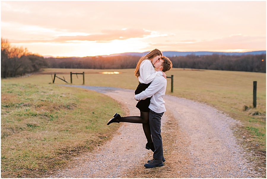 winter engagement session at sunset