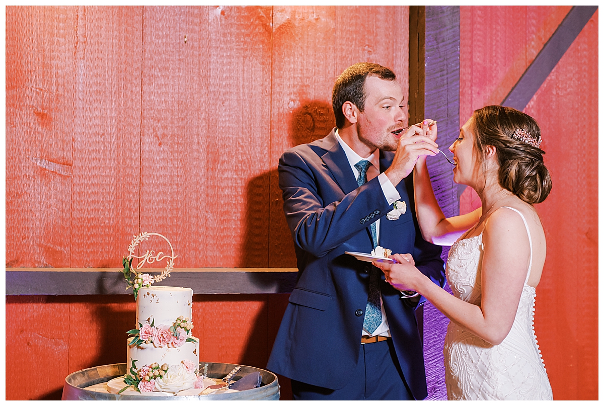 bride and groom eating wedding cake at riverside at the potomac wedding reception