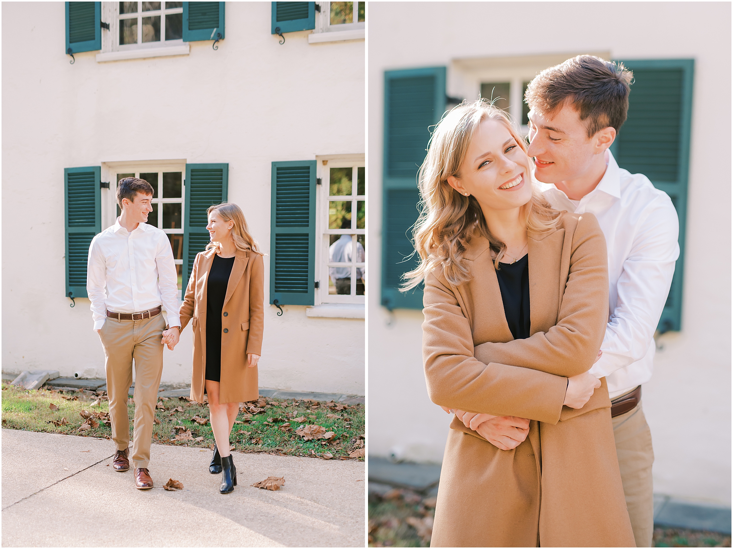 Couple posing in front of historic property during engagement session at Great Falls Park