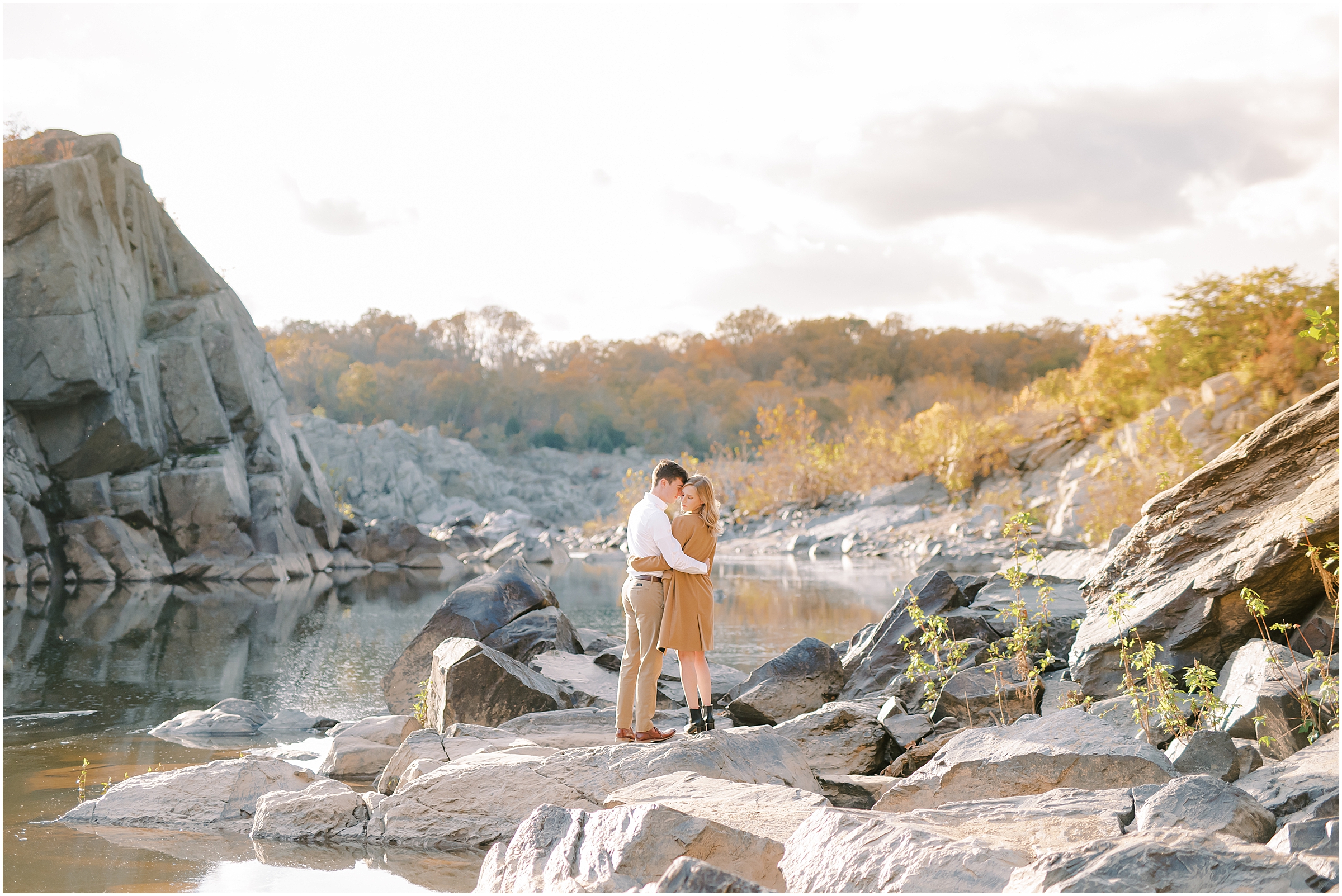 Couple posing on rocks autumn engagement session at Great Falls