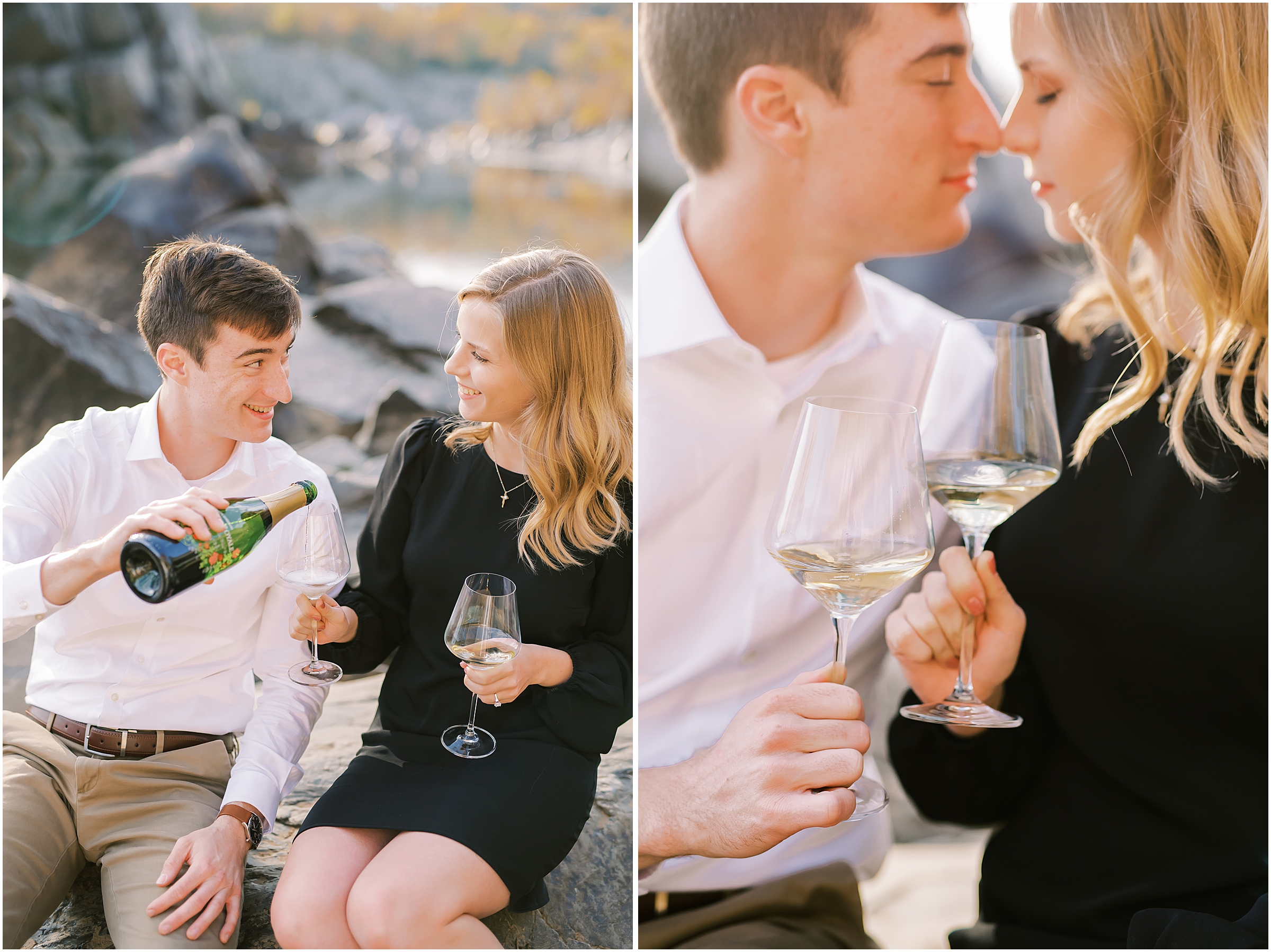 Couple posing with wine autumn engagement session at Great Falls