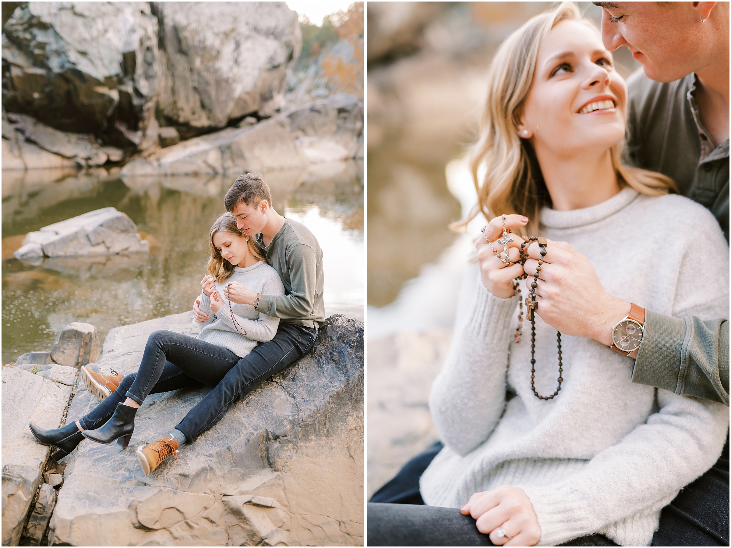 Couple holding rosary autumn engagement session at Great Falls