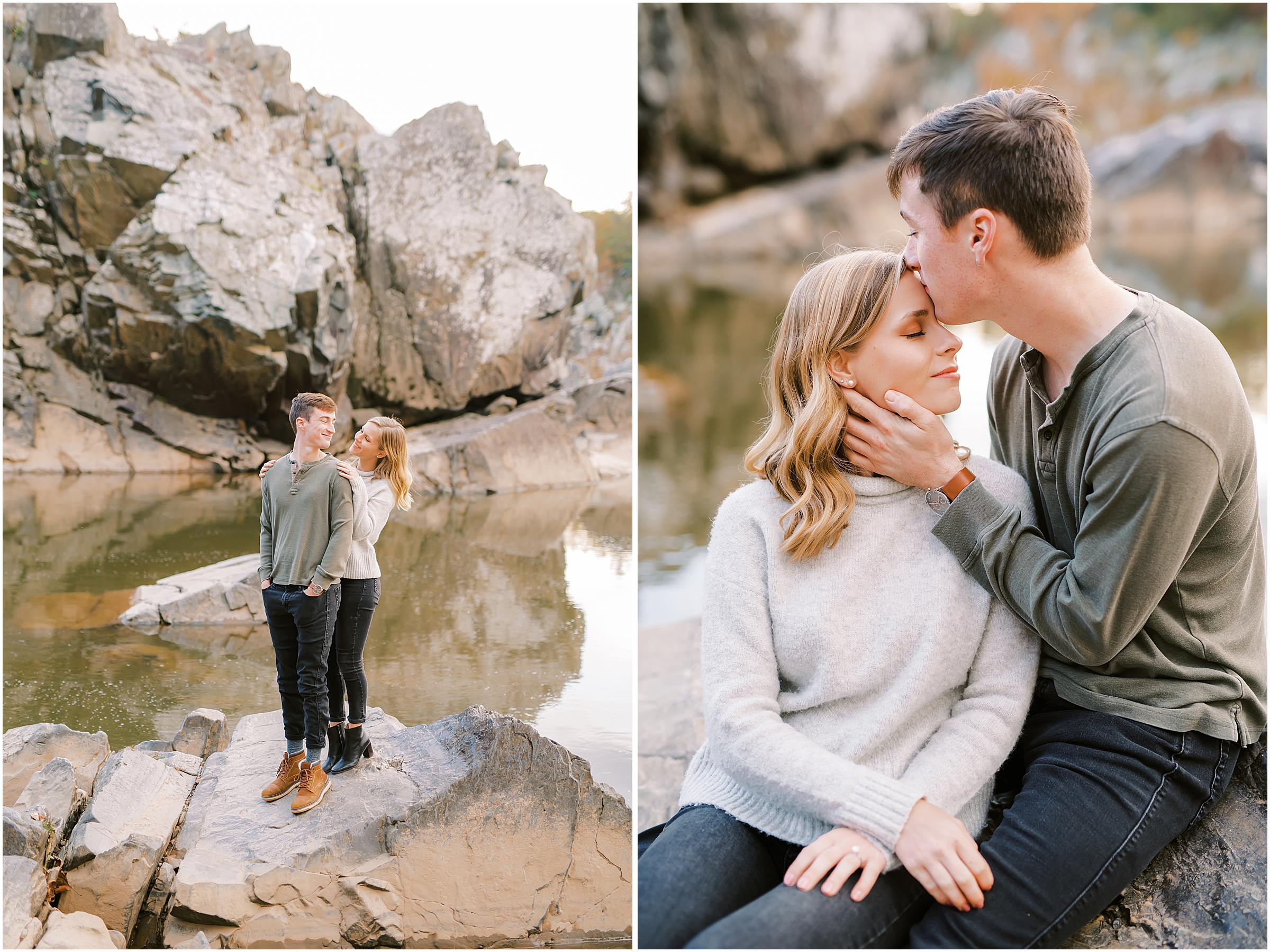 Couple embracing on rocks autumn engagement session at Great Falls