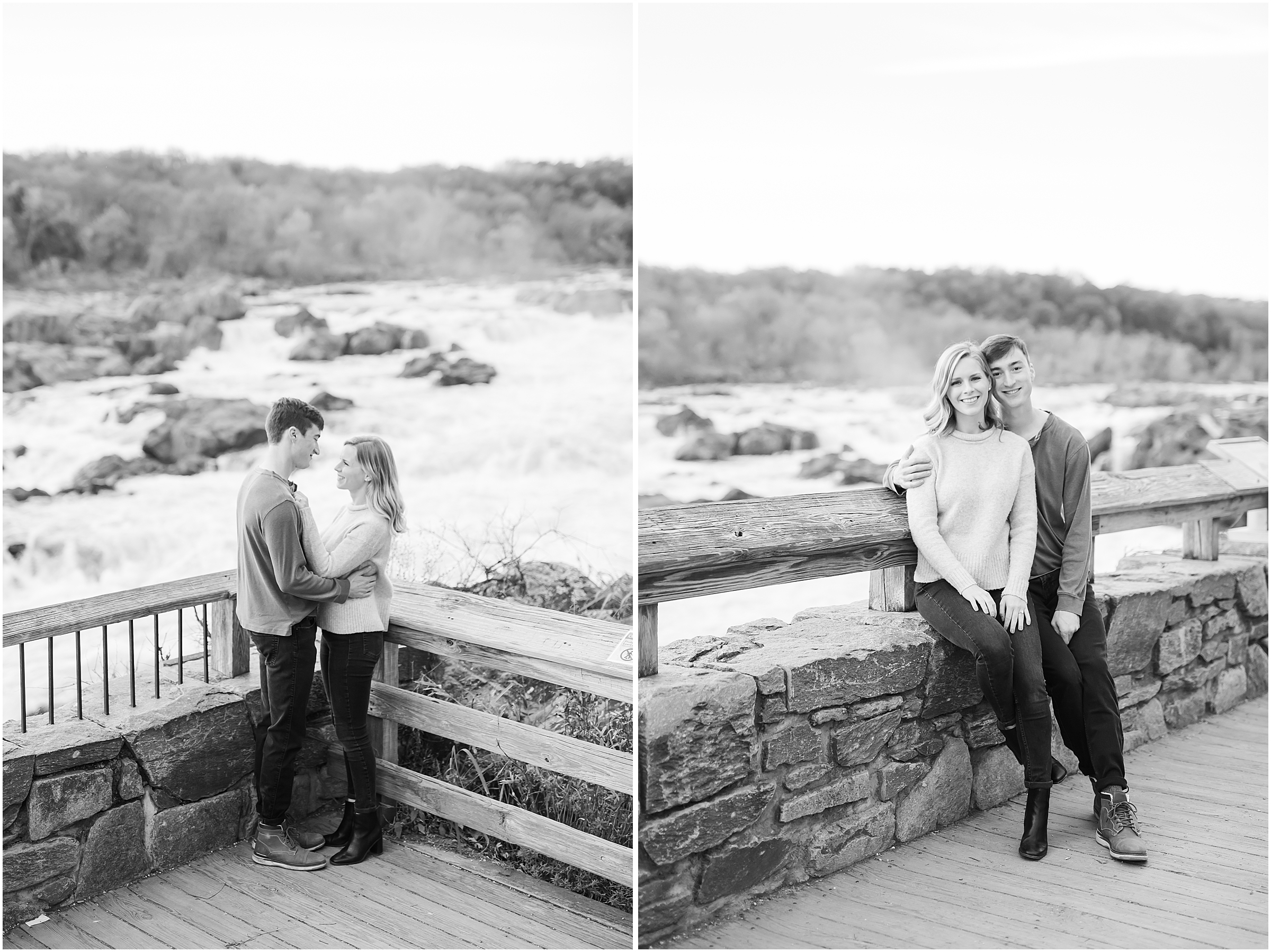 Couple posing at autumn engagement session at Great Falls