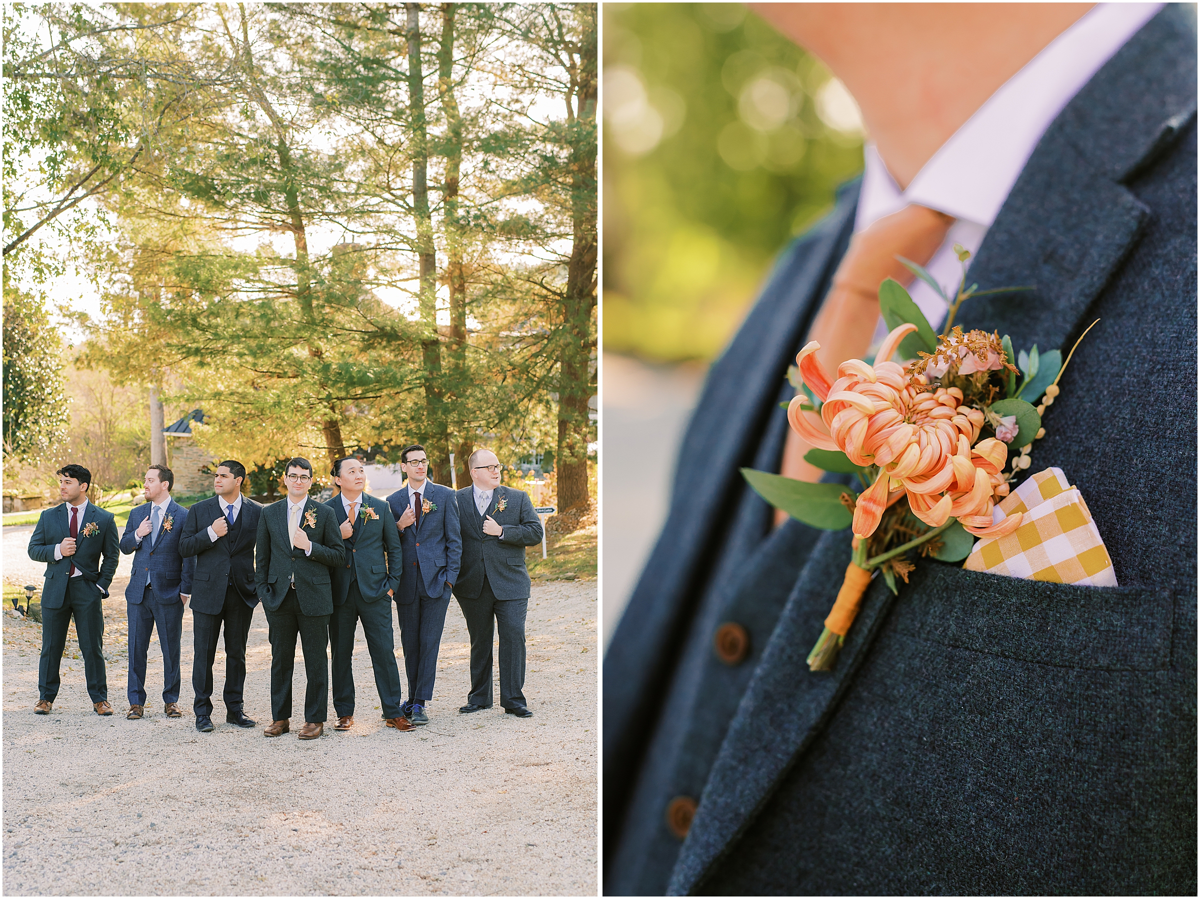 Groom and wedding party in blue suits at winter market themed wedding at Tranquility Farm