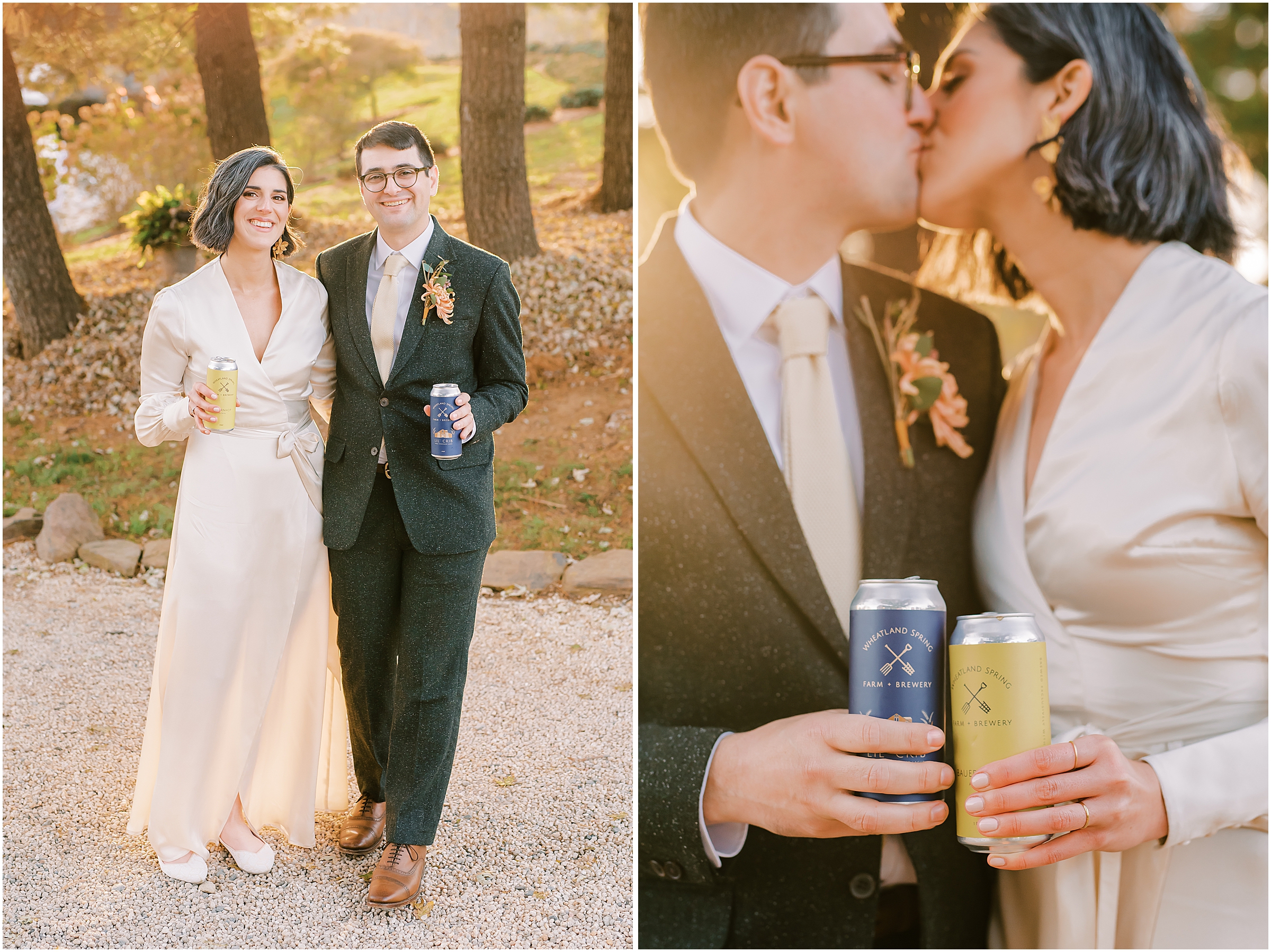 Bride and groom sharing a beer at winter market themed wedding