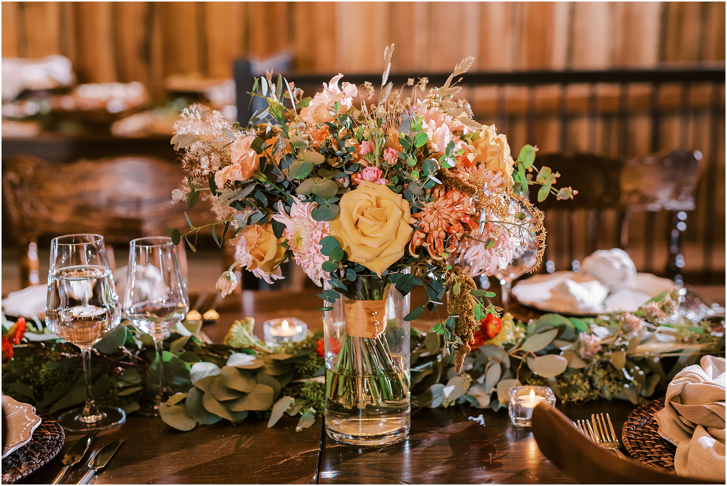 Vibrant and golden wedding bouquet at Tranquility Farm