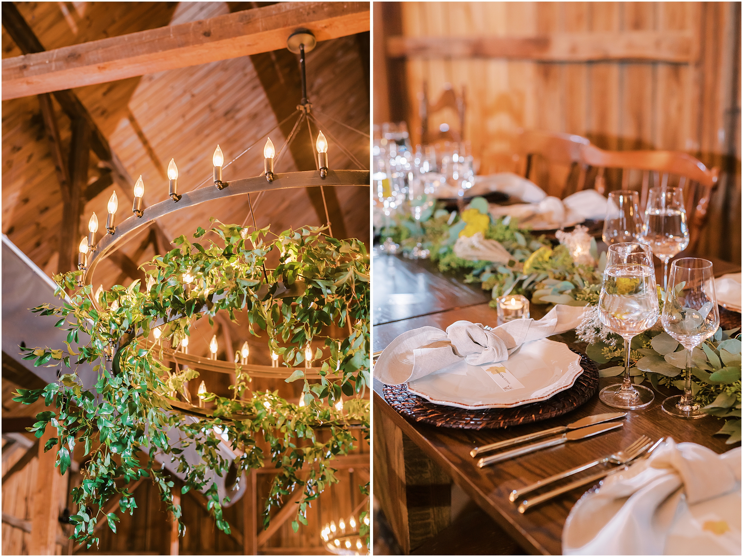 Wedding reception details in wooden barn