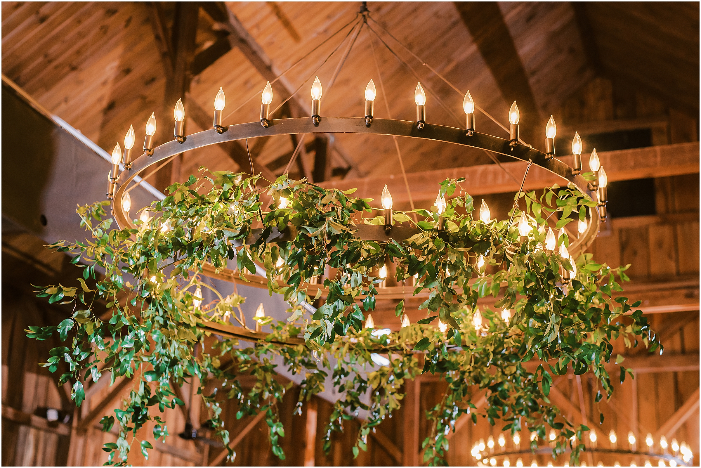 Chandelier draped with greenery at Tranquility Farm