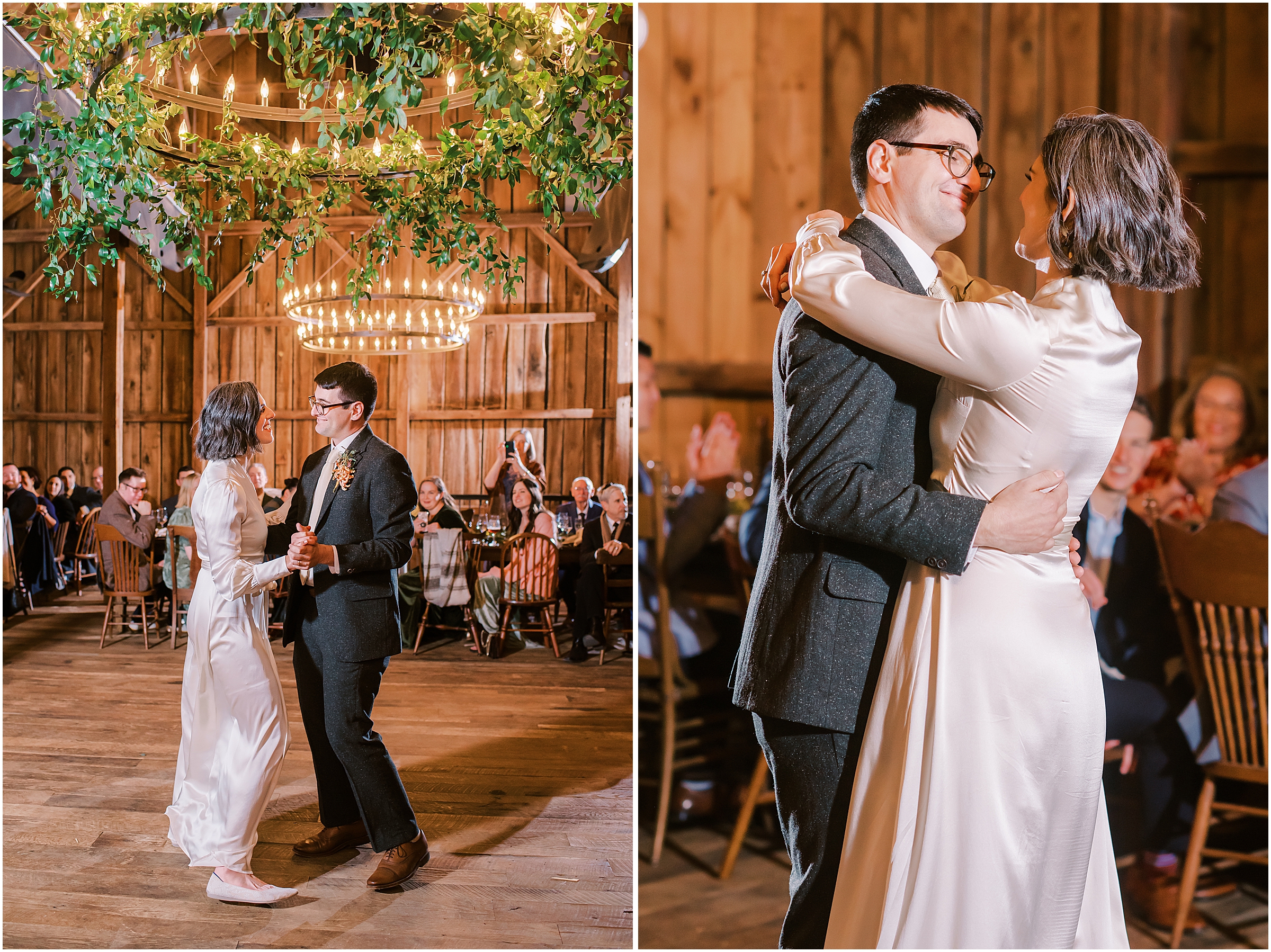 Bride and groom share first dance in Tranquility Farm barn