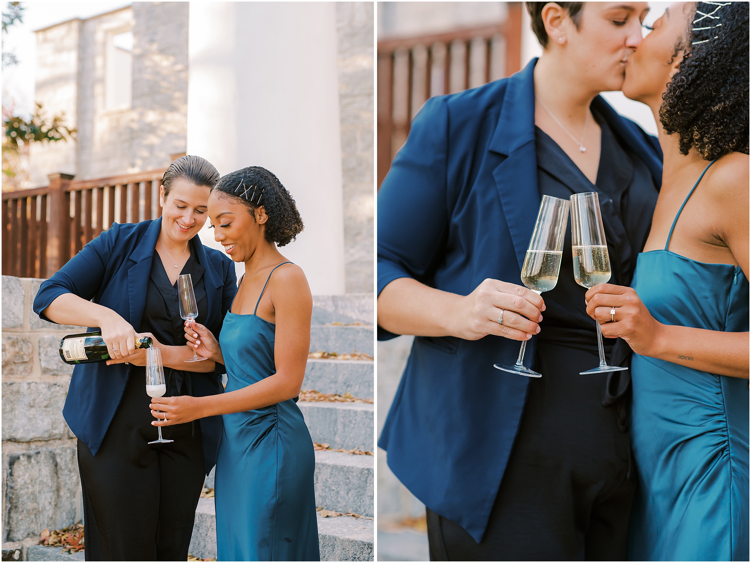 Couple enjoying champagne during engagement session