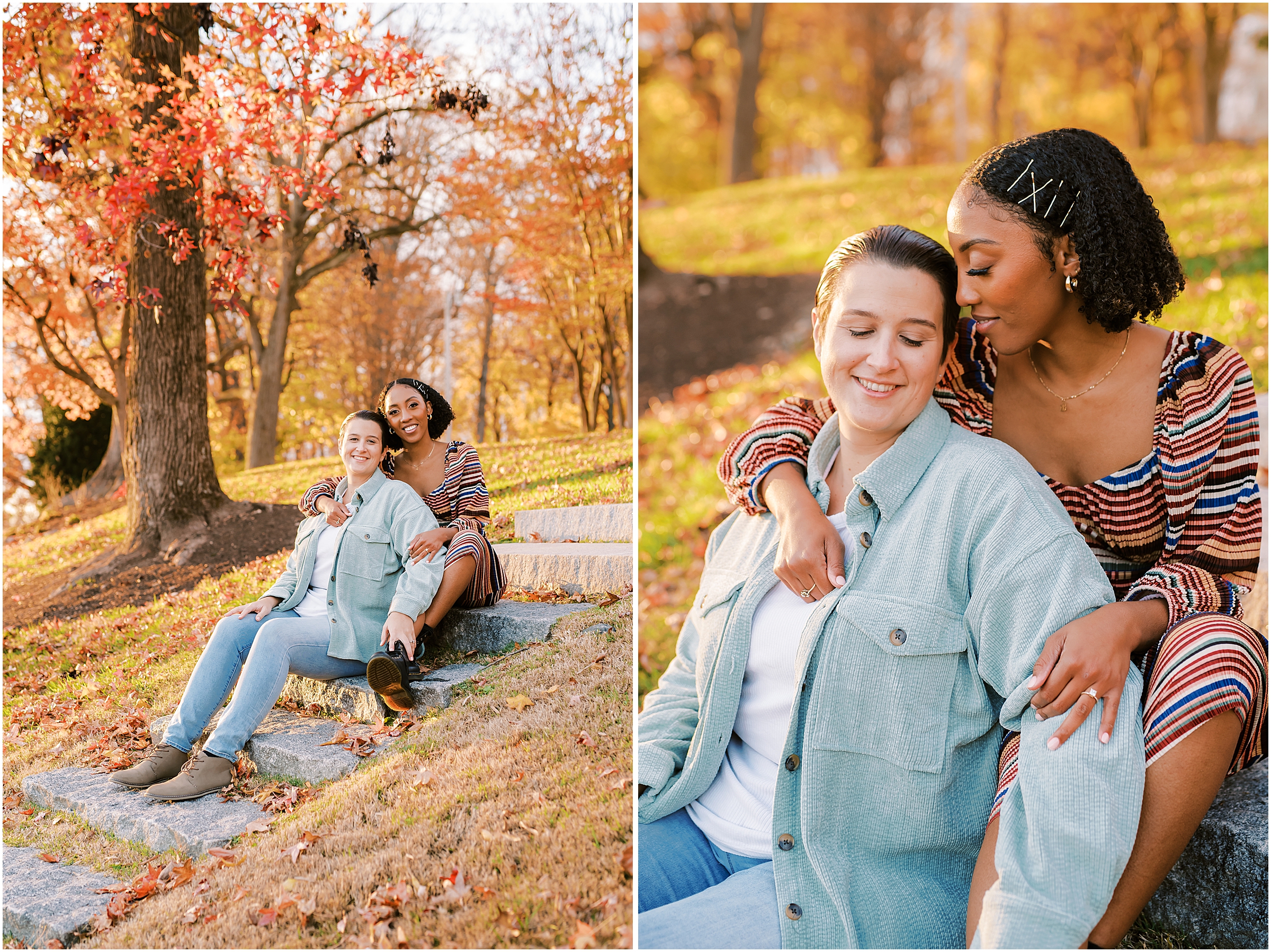 Couple embracing on stairs against fall foliage