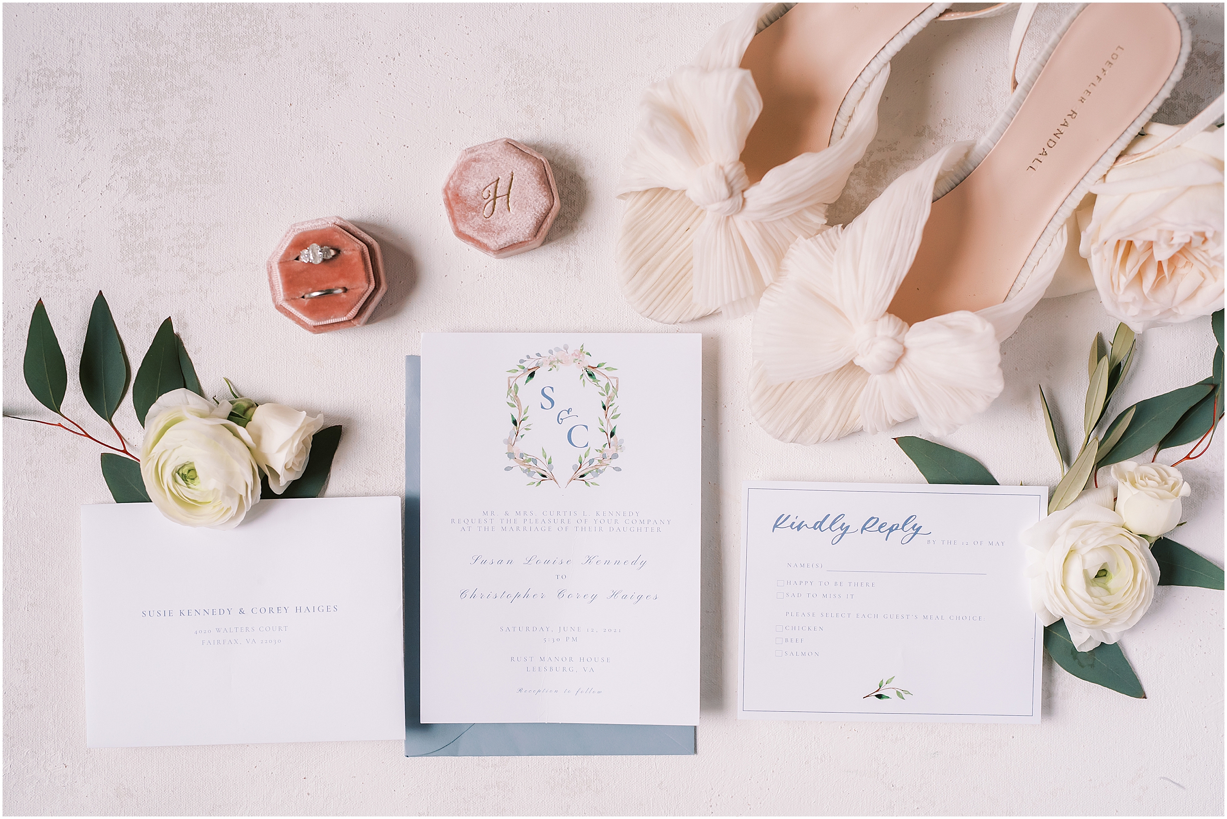 White and blue wedding invitation suite