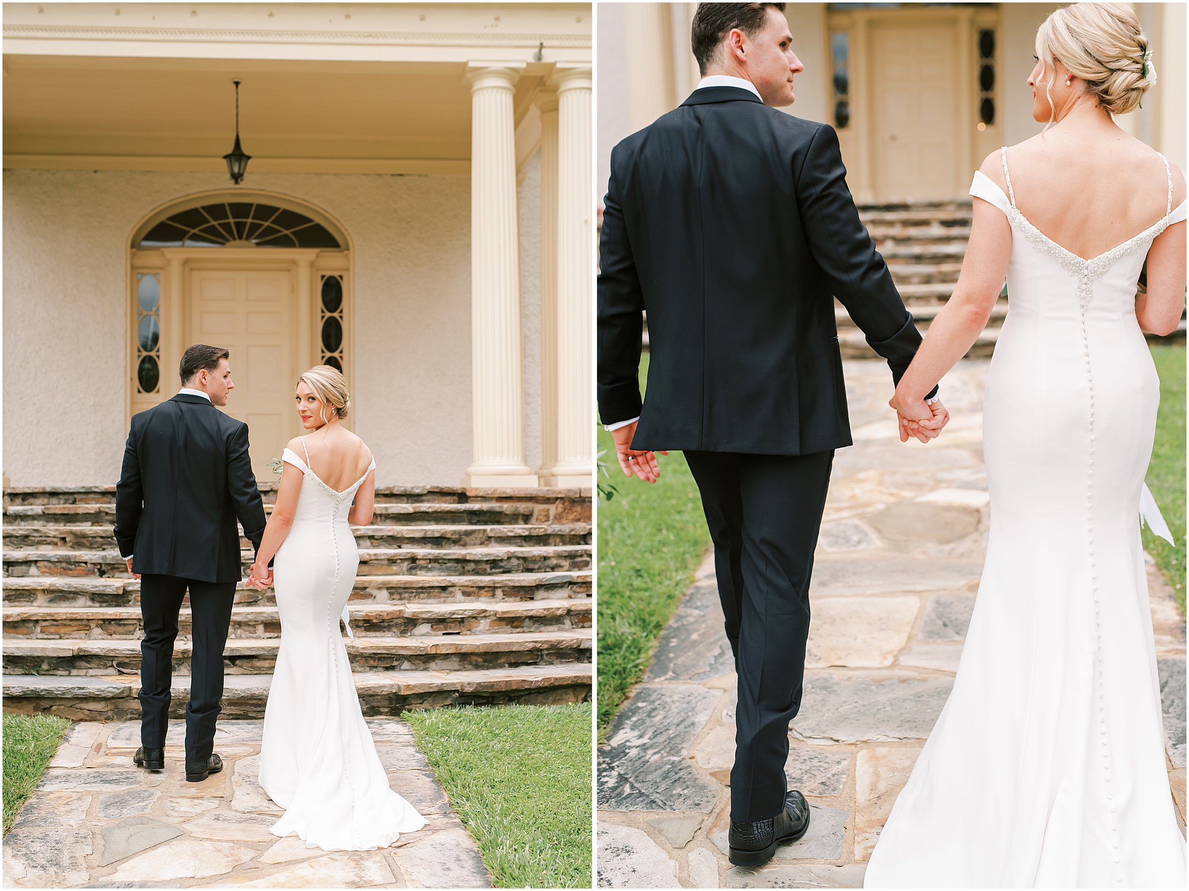 Bride and groom walking in front of Rust Manor House