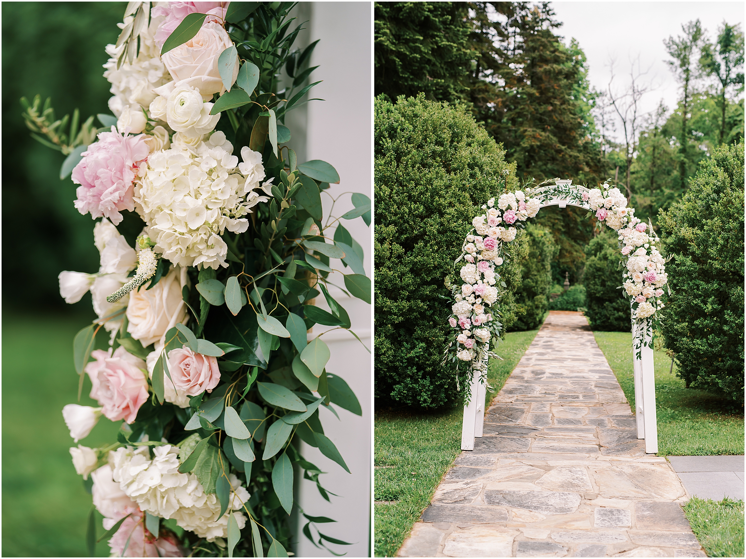 Pink and white floral arch