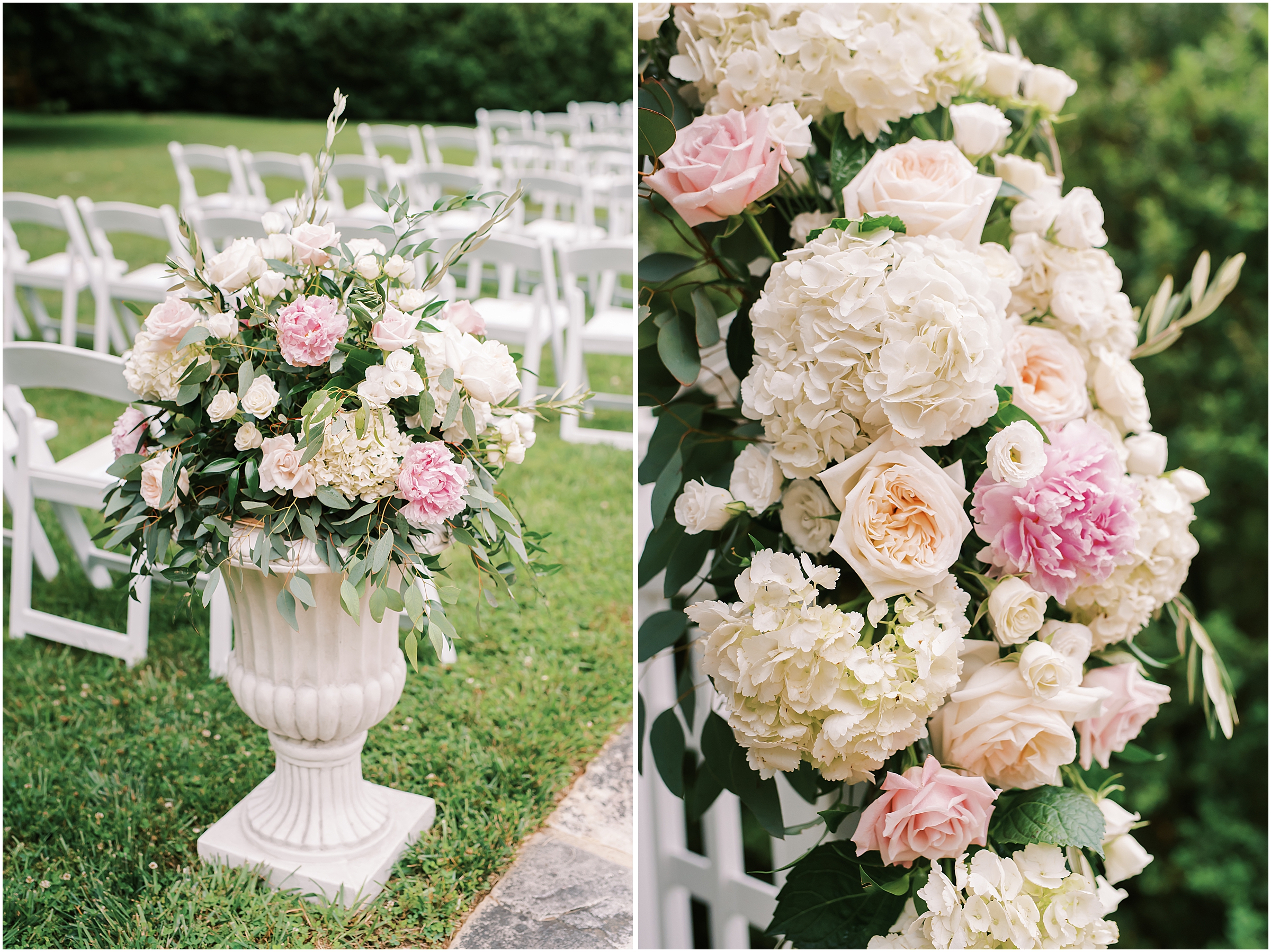 Pink and white wedding ceremony florals