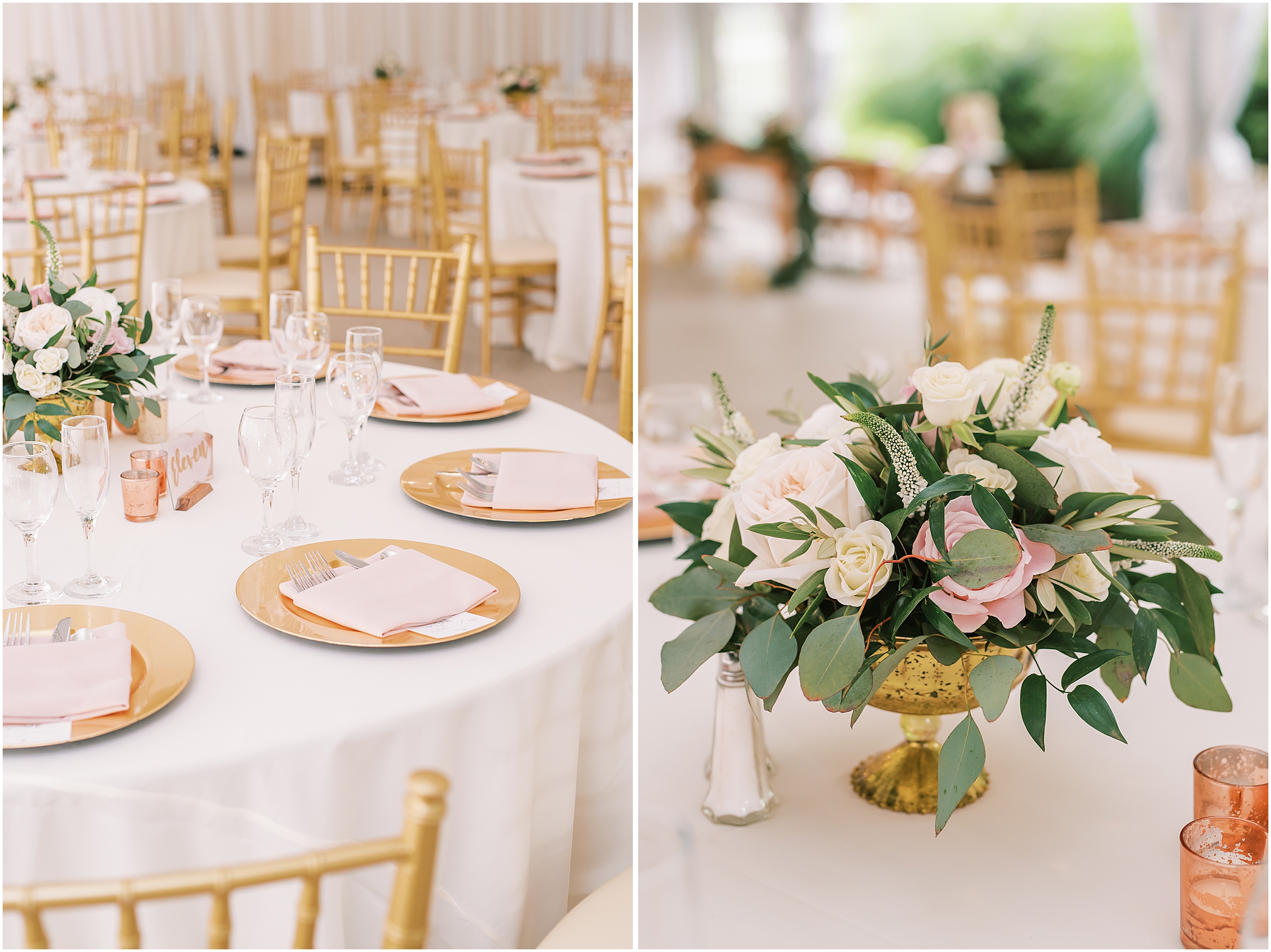 Table decor in tented wedding reception at Rust Manor House