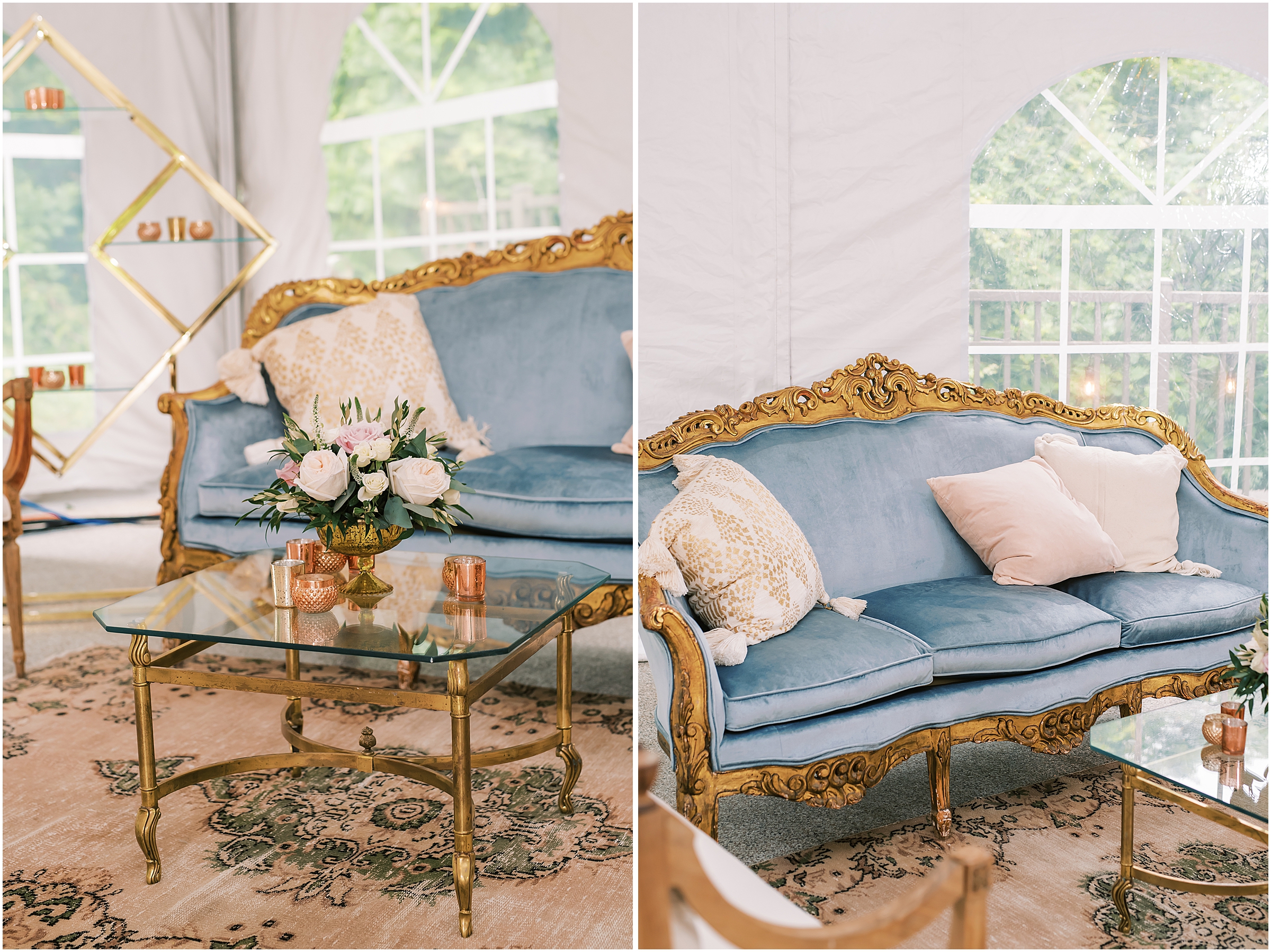 Blue sofa rental for wedding reception