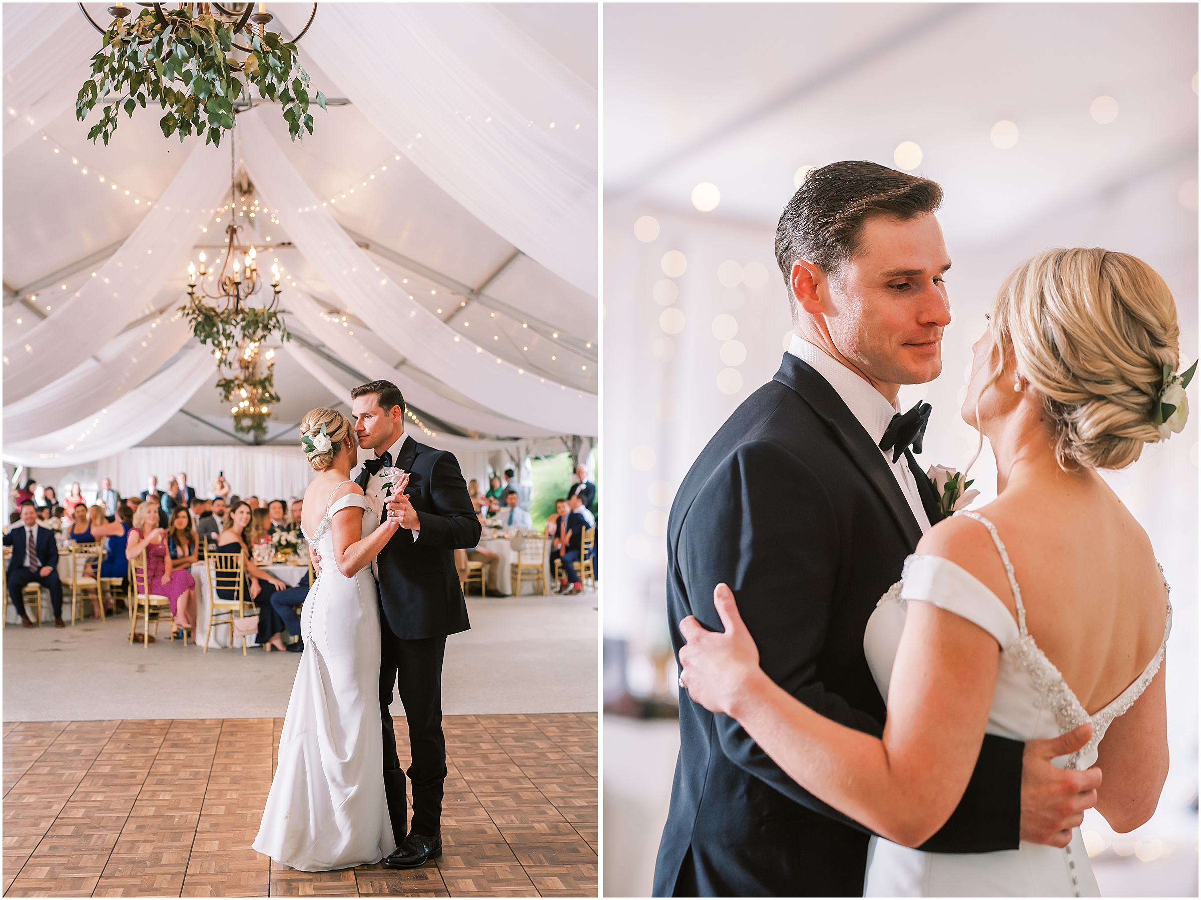 Bride and groom share first dance in tented reception at Rust Manor House