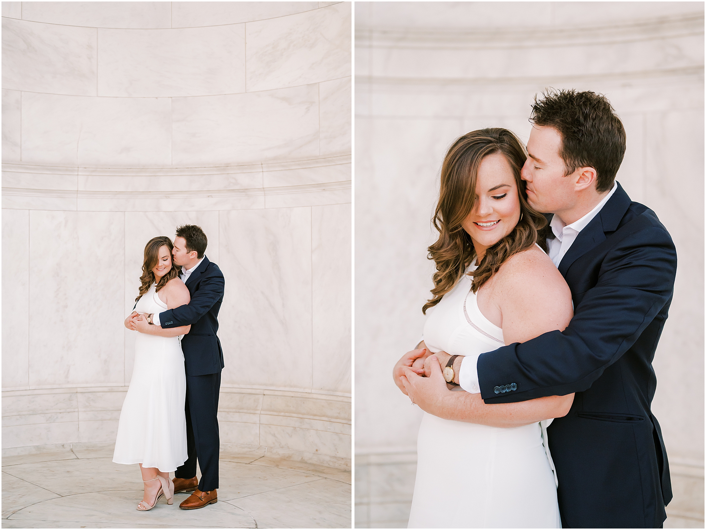 Couple embracing during engagement session at the Lincoln Memorial