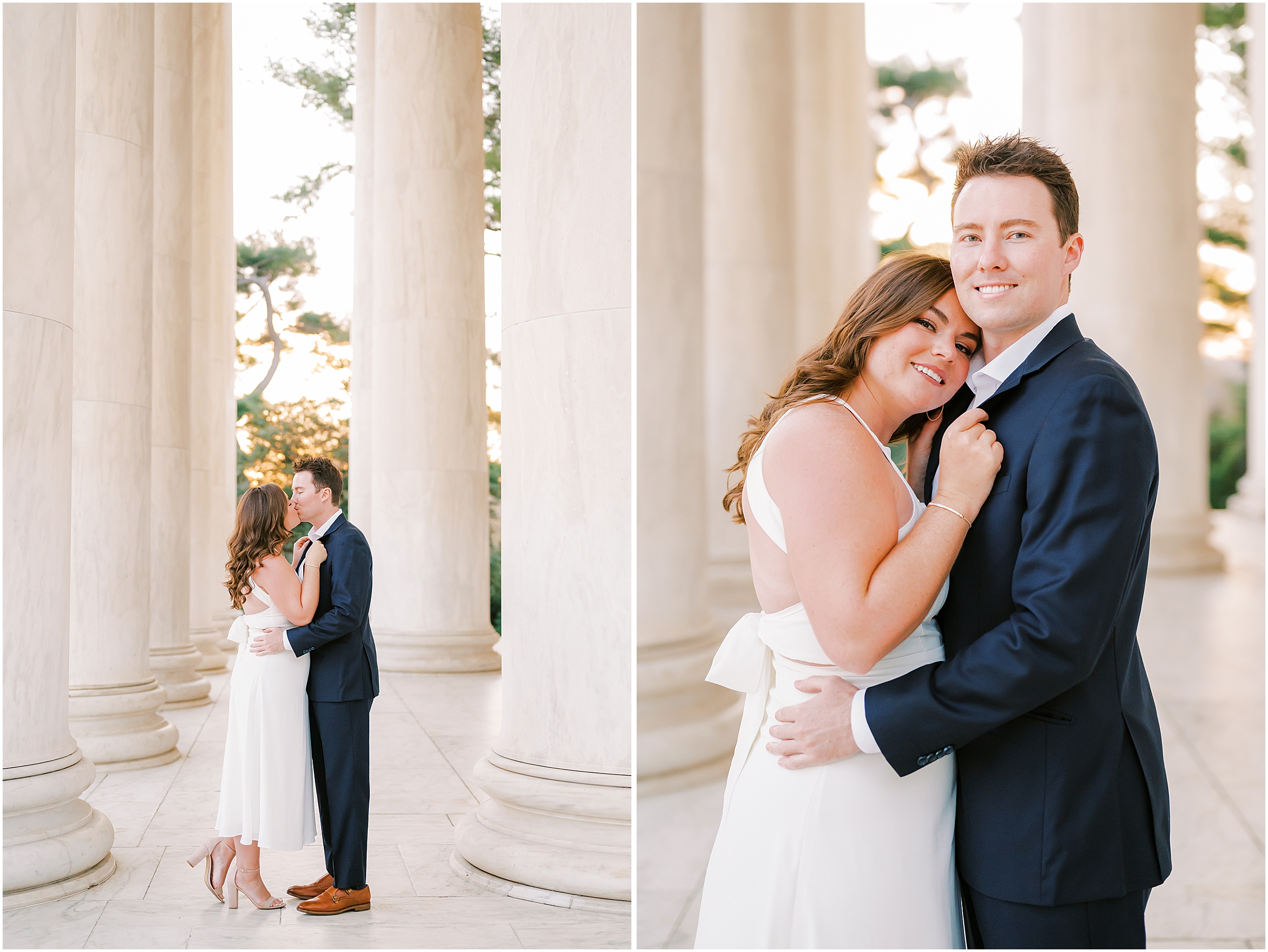 Couple at sunrise engagement session at the Lincoln Memorial
