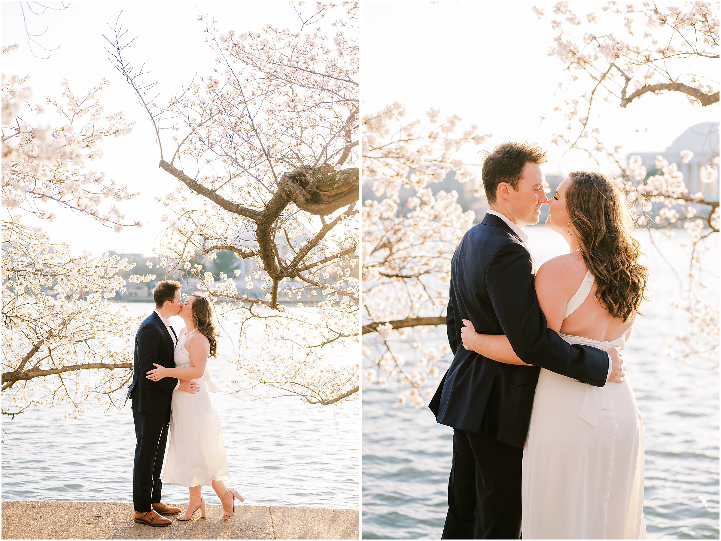 Couple kissing during cherry blossom engagement session