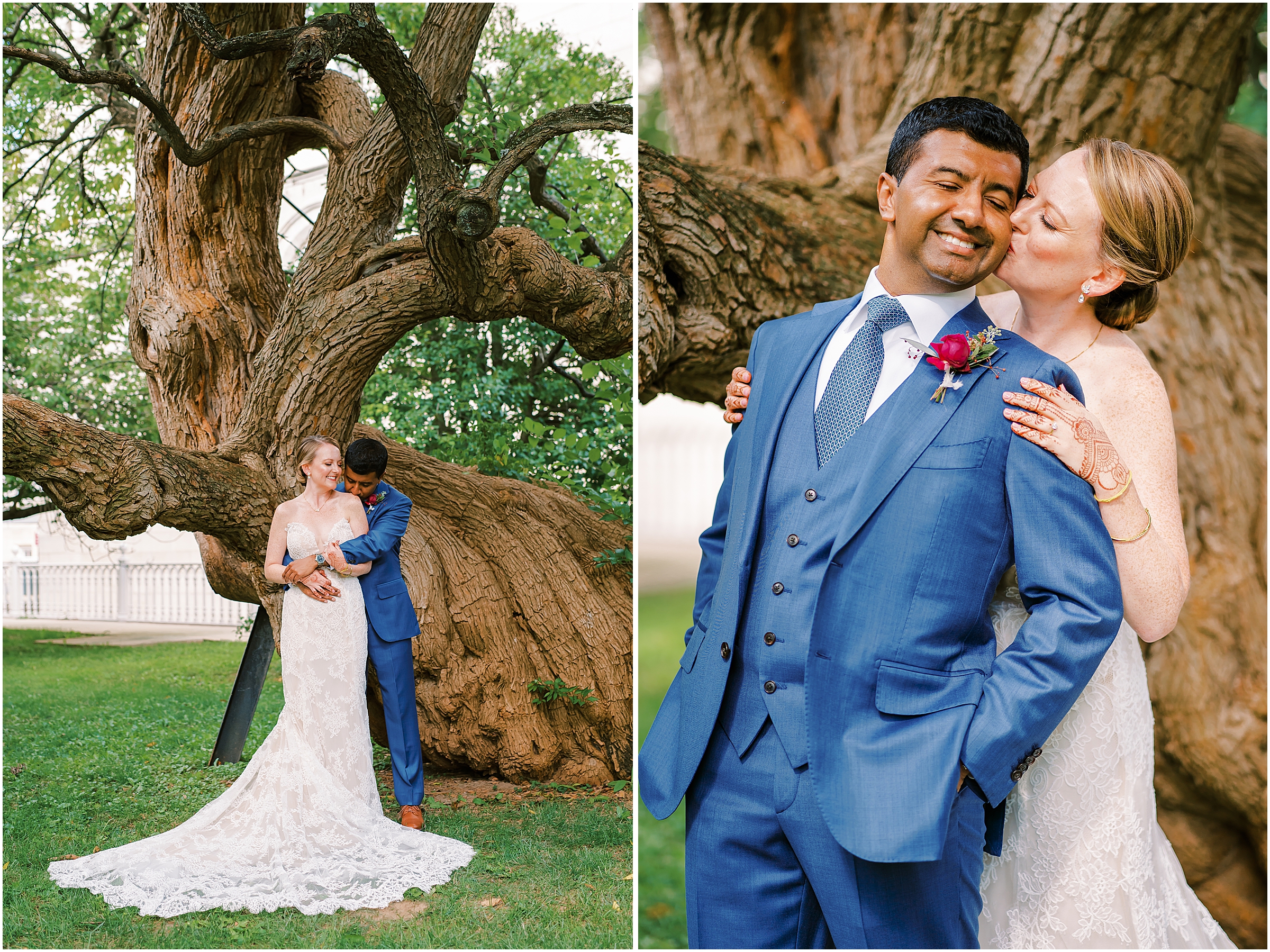 Bride and groom portrait in front of tree