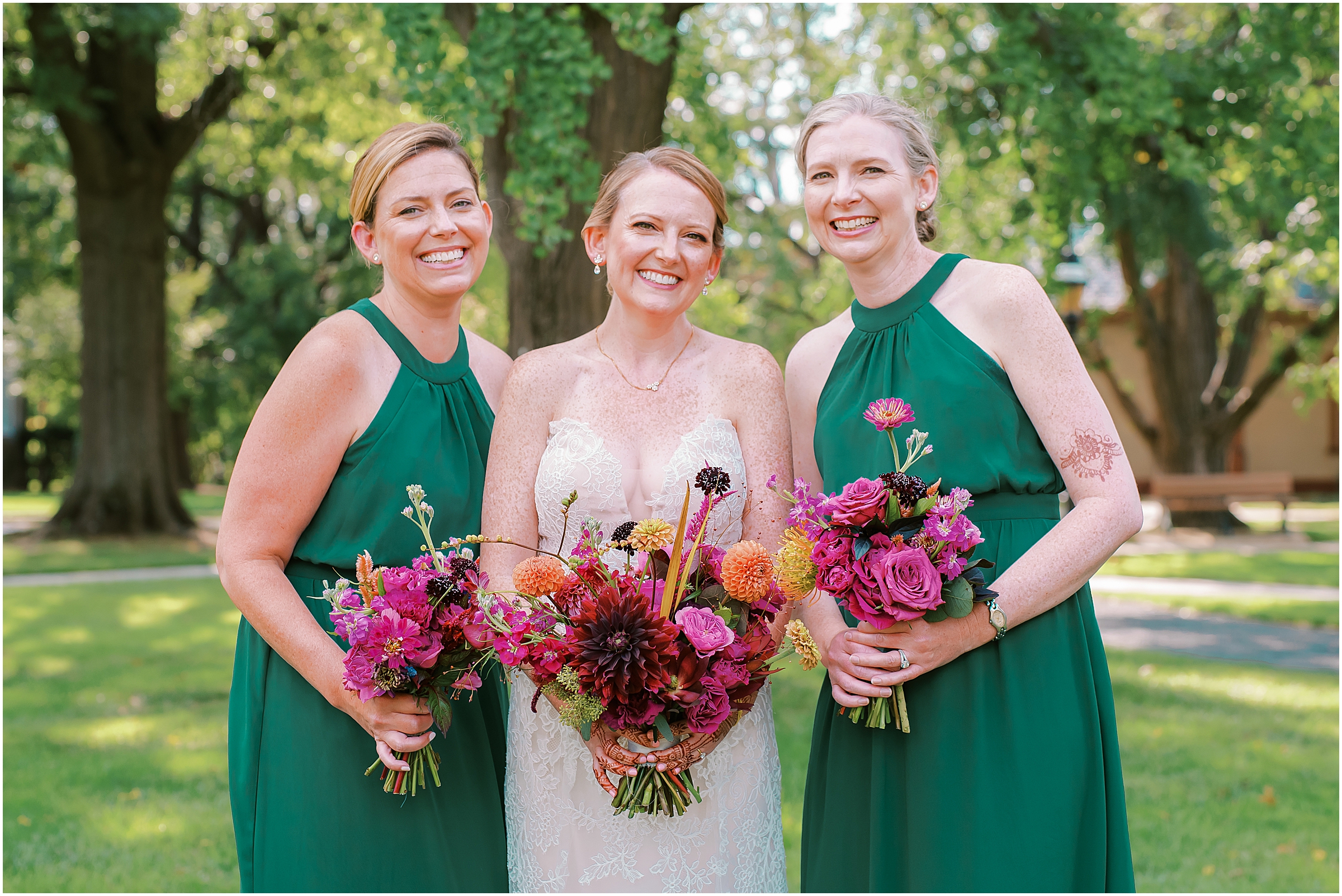 Bride and bridesmaids with bold and colorful wedding bouquets
