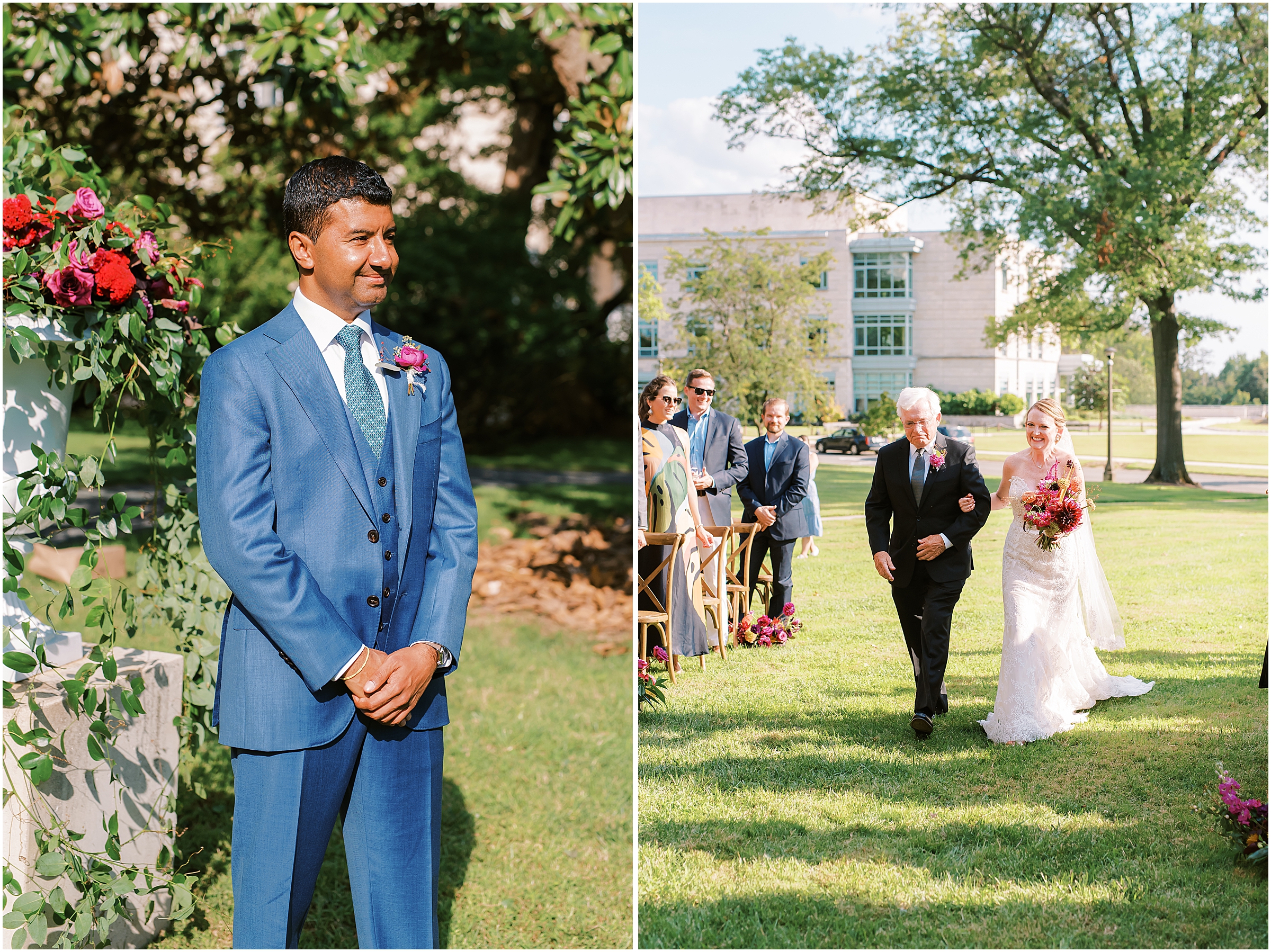 Groom's reaction to bride and father walking down the aisle