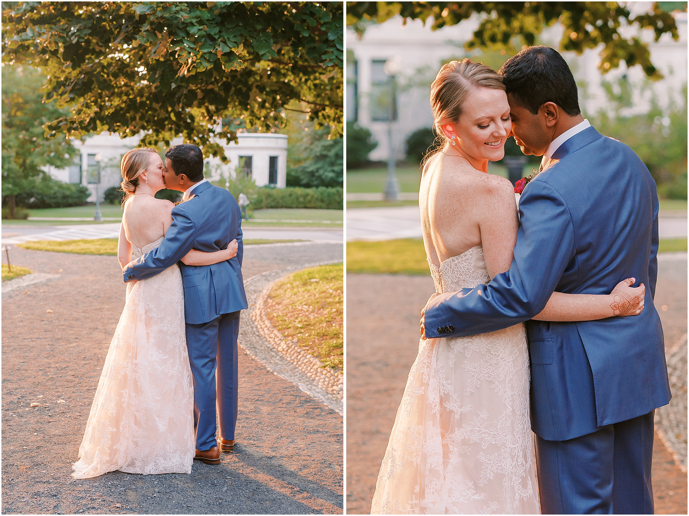 Bride and groom embrace during sunset portraits