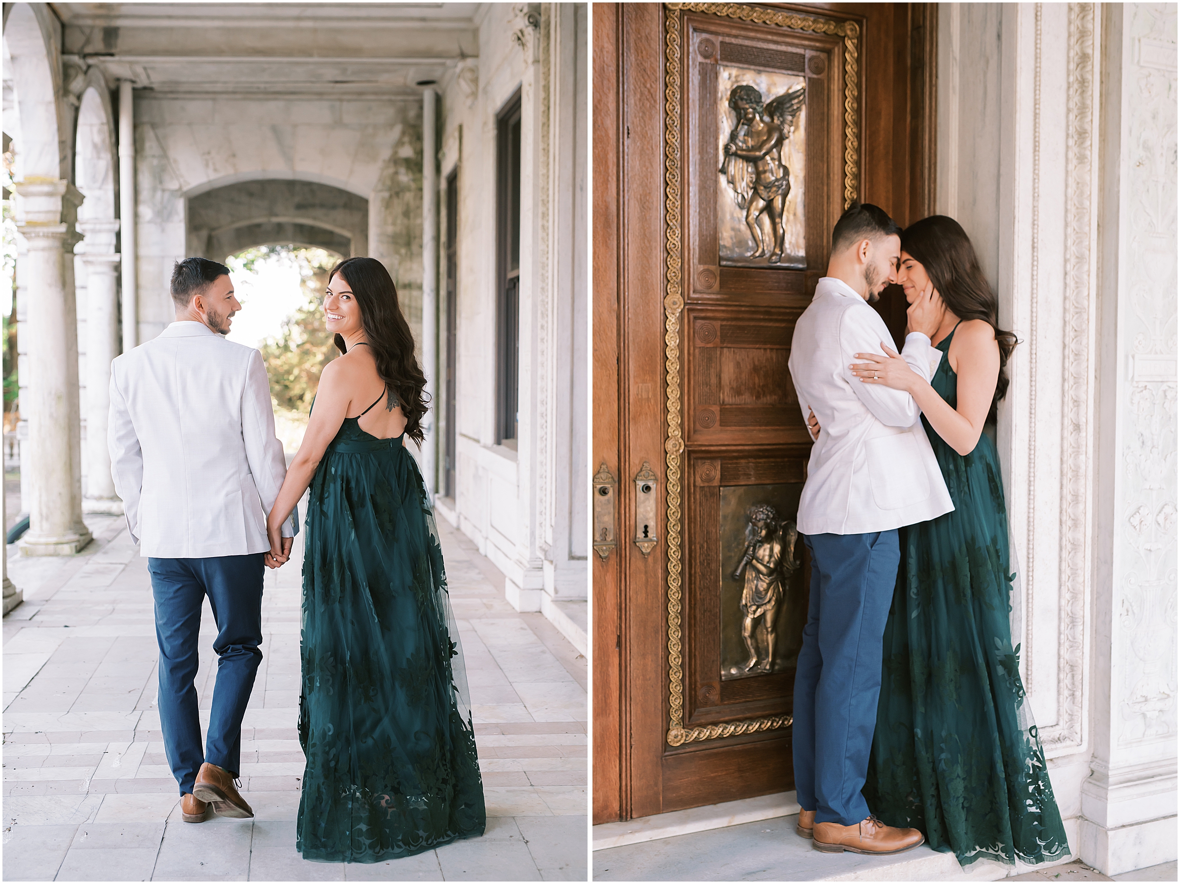 Couple posing during engagement session at Swannanoa Palace