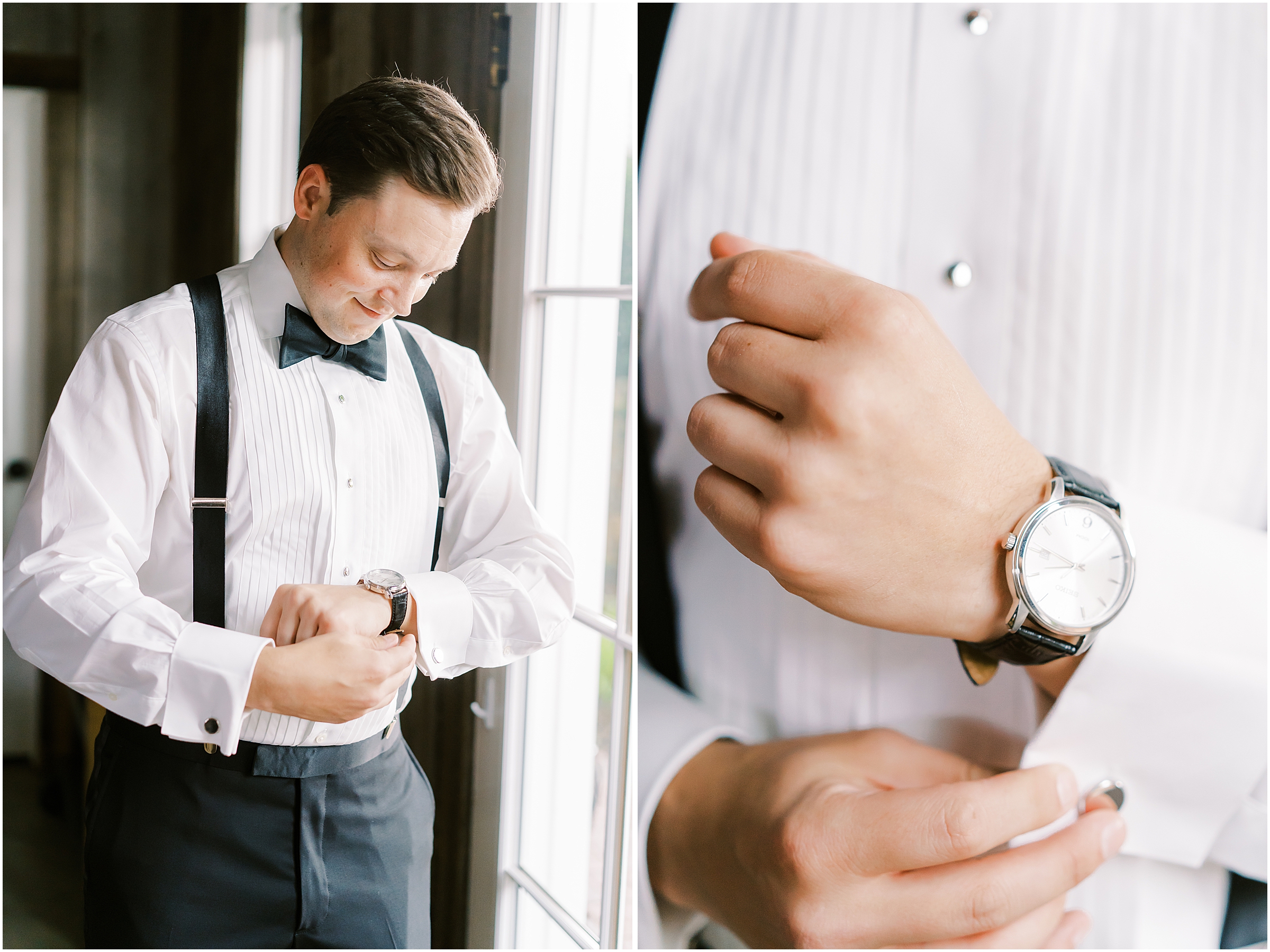 Groom putting on watch and getting ready for wedding