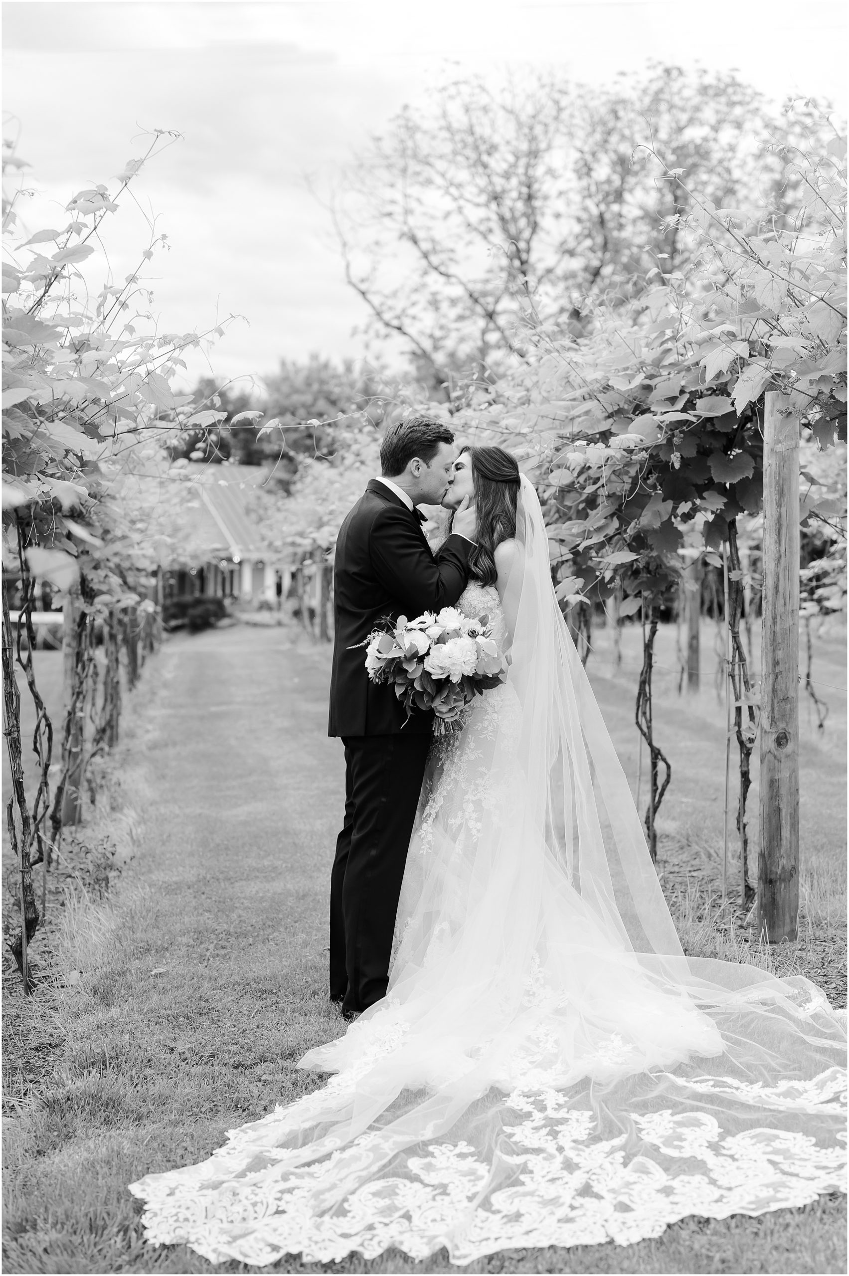 Bride and groom share a kiss at their wedding at Fleetwood Farm Winery in Leesburg, VA