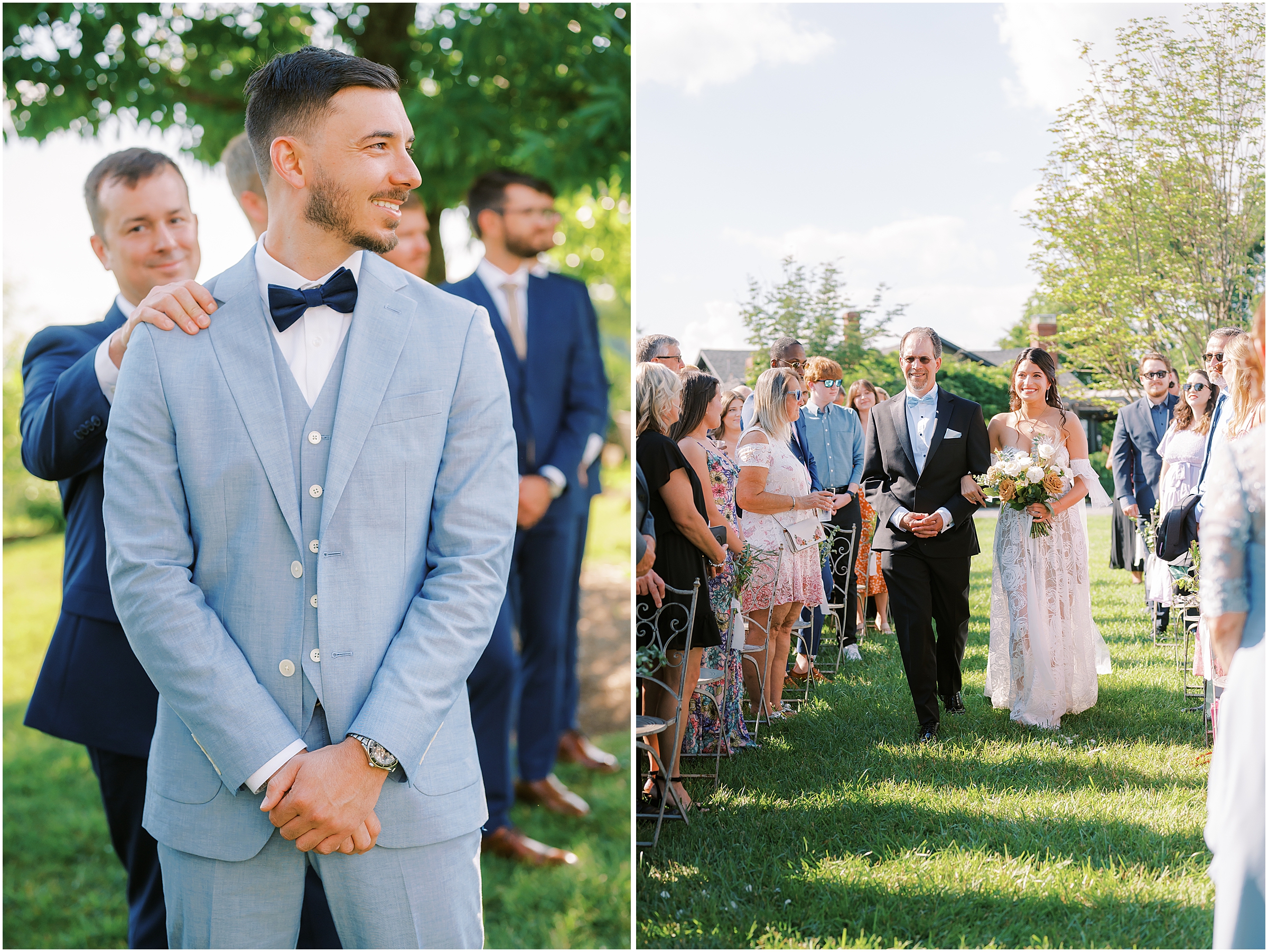 Groom reacting to bride walking down aisle during Romantic, bohemian wedding at the Market at Grelen in Somerset, Virginia
