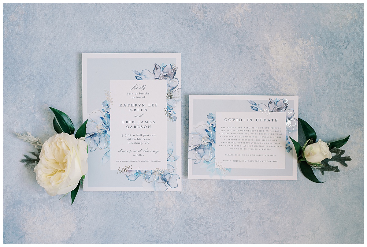 blue wedding invitation, flay lay image, detail shot