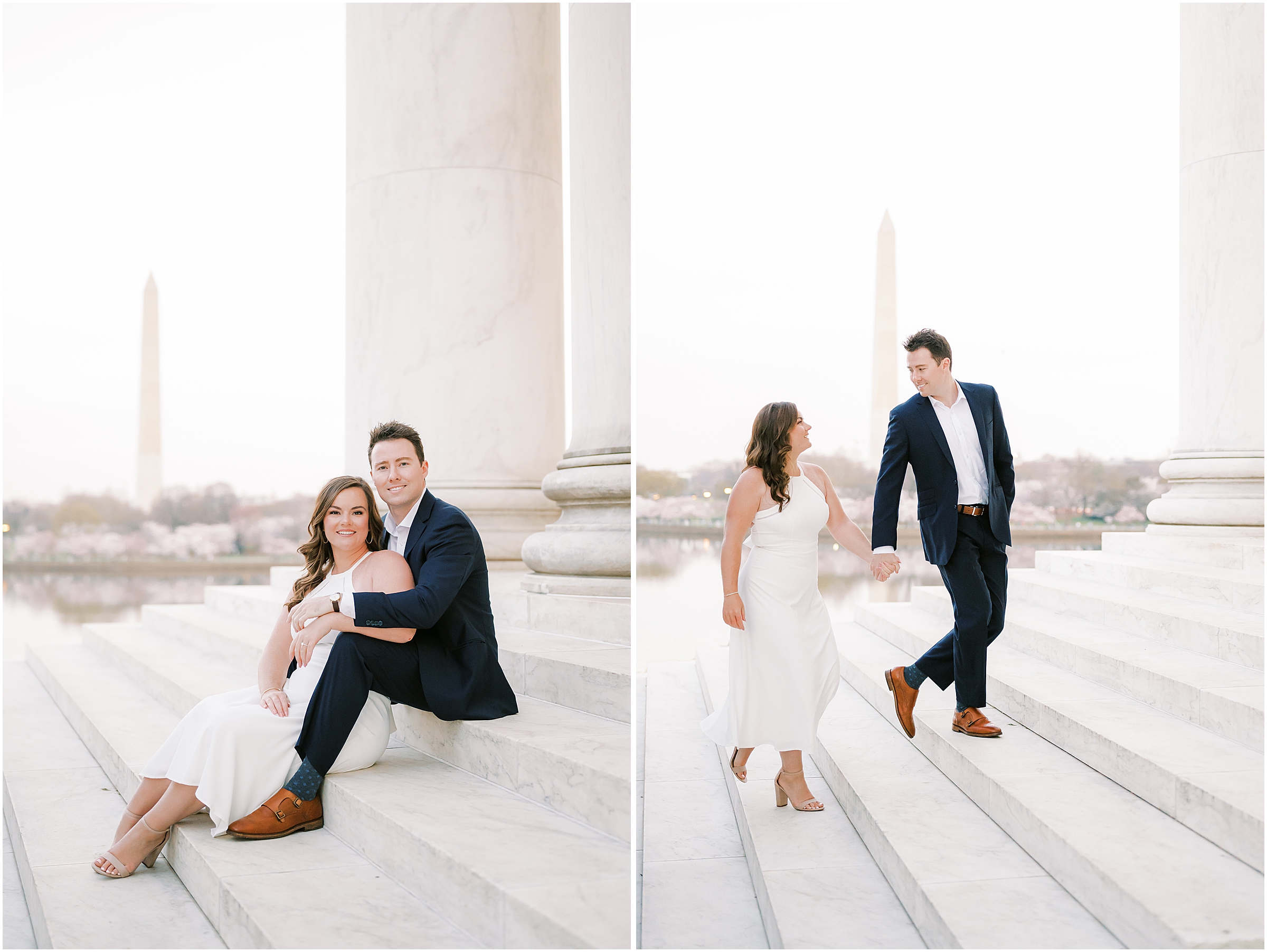 Couple on steps during engagement session at the Lincoln Memorial